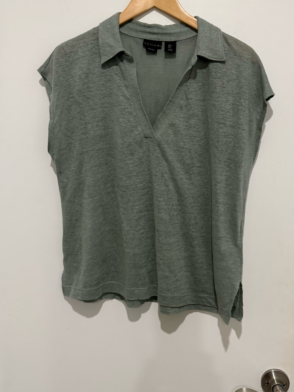 Tahari Moss Green V-Neck Polo Top